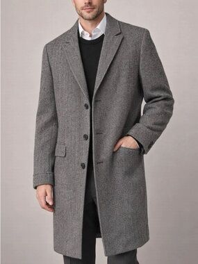 Mens Herringbone Wool Overcoat Gray Classic Tailored Coat Barron Anderson